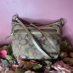 Coach brown signature dot, heart ❤️, gold tone leather trim crossbody bag